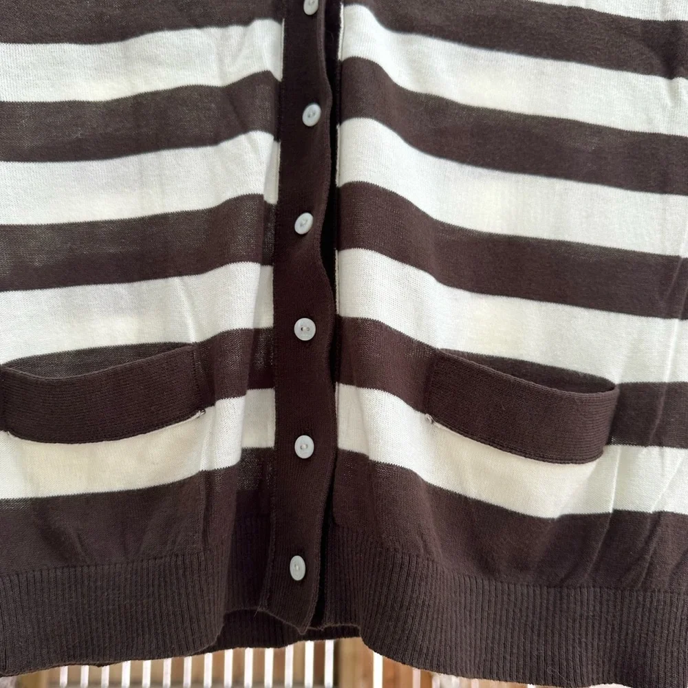 J. Crew Featherweight Chocolate Brown Ivory Cardigan Striped V Neck Cotton Large